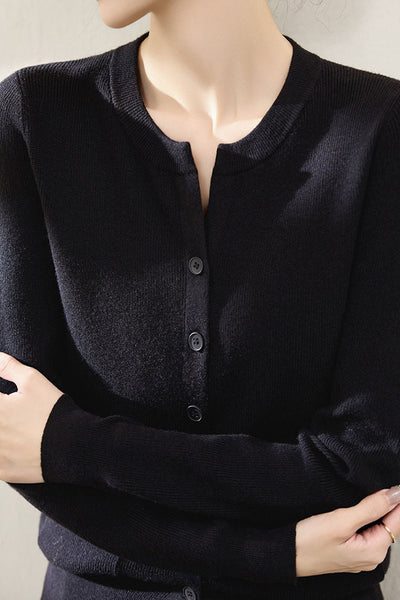 Solid Color Versatile Round Neck Knit Cardigan