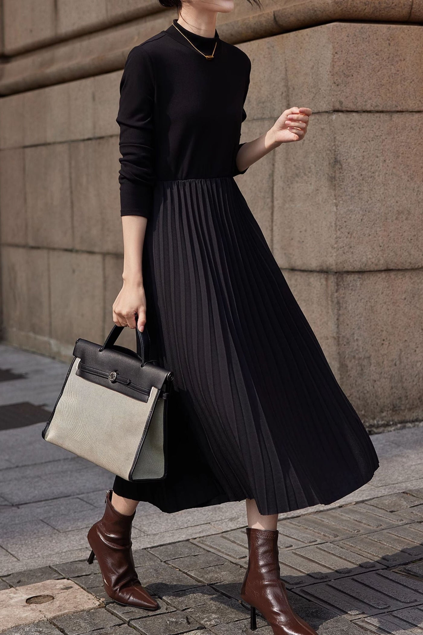 Black French Style Pleated Dress