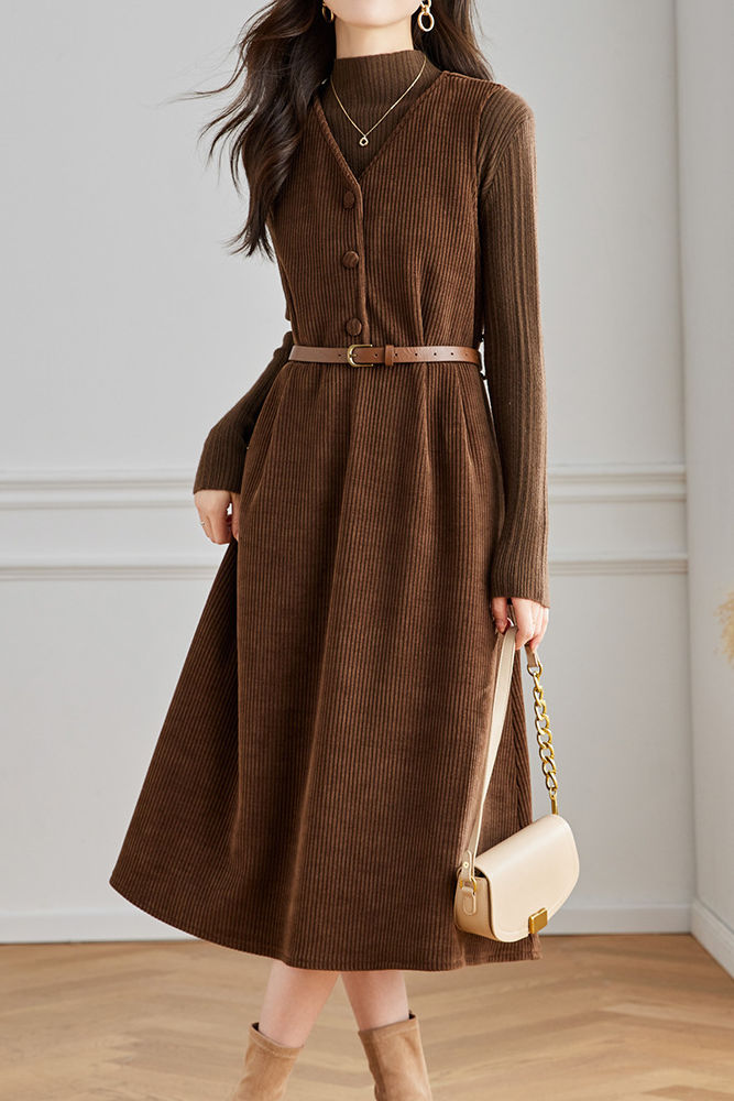 Elegant Sleeveless Corduroy Thickened Dress