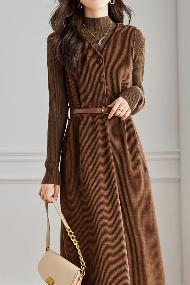 Elegant Sleeveless Corduroy Thickened Dress