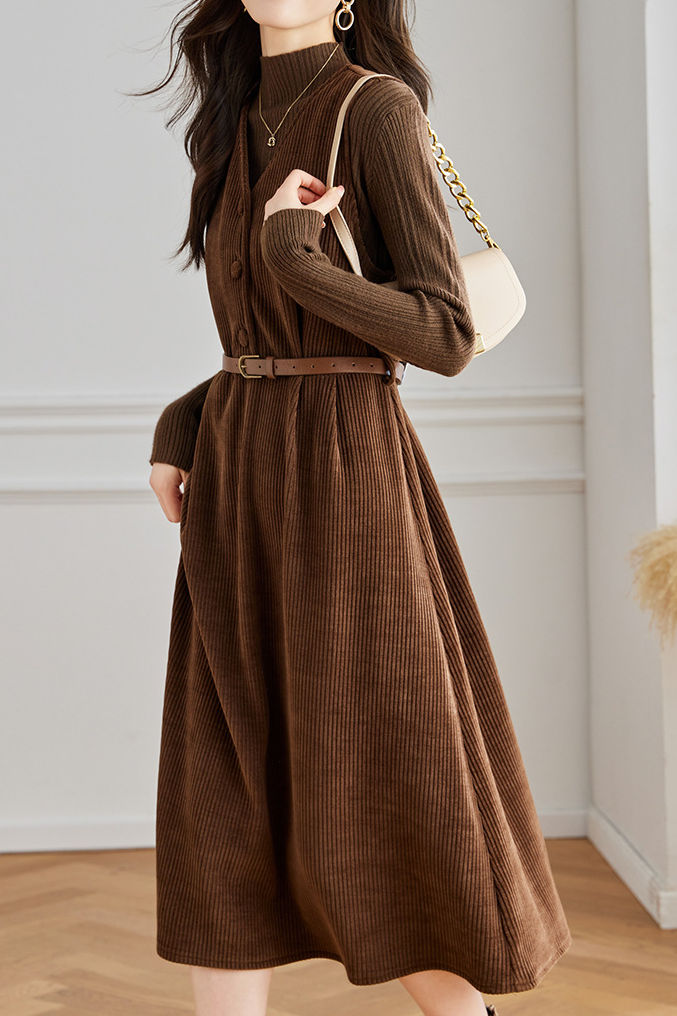 Elegant Sleeveless Corduroy Thickened Dress