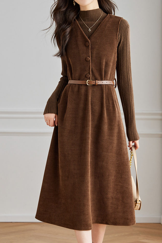 Elegant Sleeveless Corduroy Thickened Dress