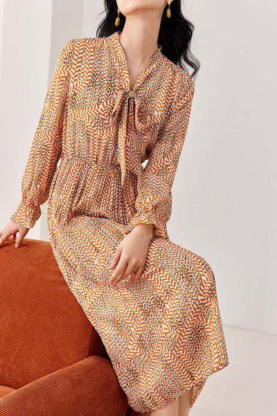 Early Autumn Floral Cinched-Waist Long-Sleeve Dress