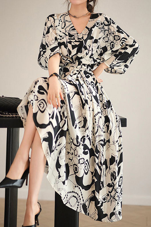 Stylish Printed Waist-Cinched Dress