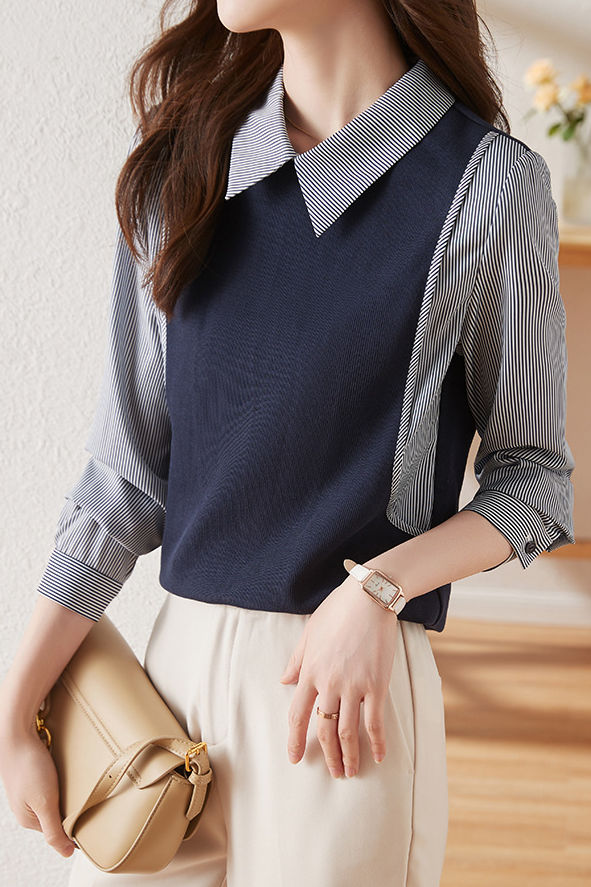 Commuter Versatile Polo Collar Stripe Long-Sleeve Fake Two-Piece Sweatshirt