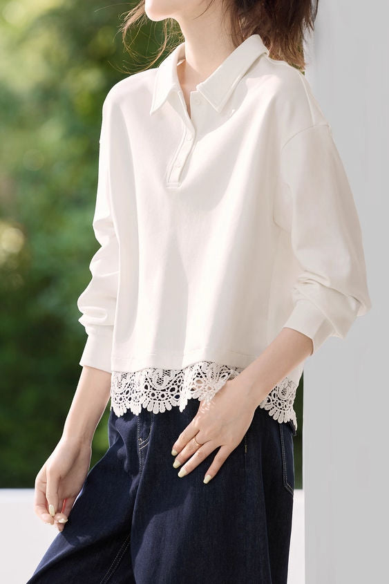 Versatile Fashionable Lace Patchwork Polo Sweatshirt