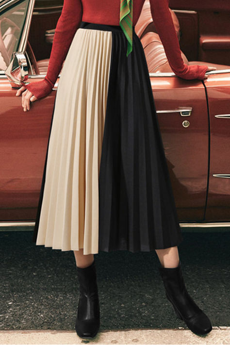 Stylish Versatile Color-Block Pleated Skirt