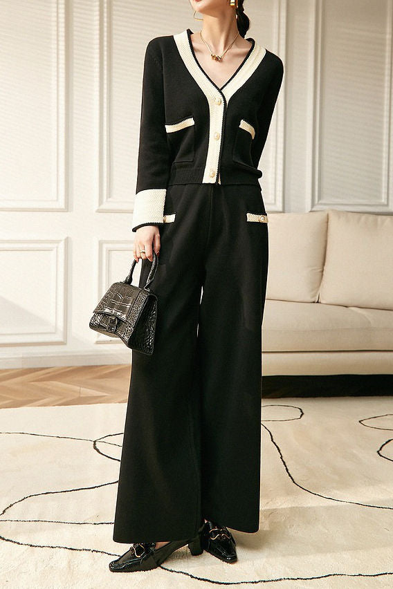 Elegant Contrast Color Patchwork Knit Top & Wide-Leg Pants Two-Piece Set