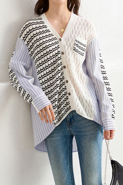 Irregular Patchwork Wavy Stripe Knit Shirt