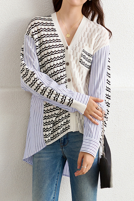 Irregular Patchwork Wavy Stripe Knit Shirt