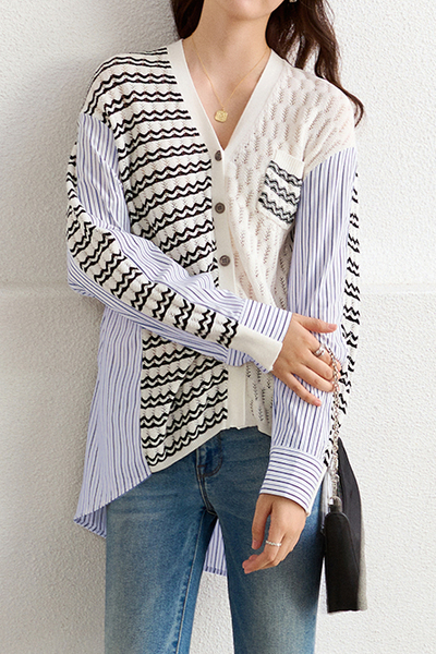 Irregular Patchwork Wavy Stripe Knit Shirt