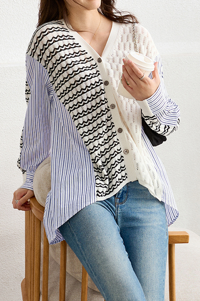Irregular Patchwork Wavy Stripe Knit Shirt