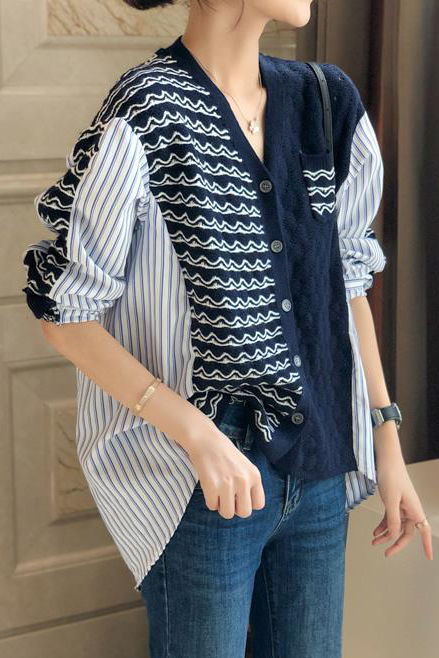 Irregular Patchwork Wavy Stripe Knit Shirt