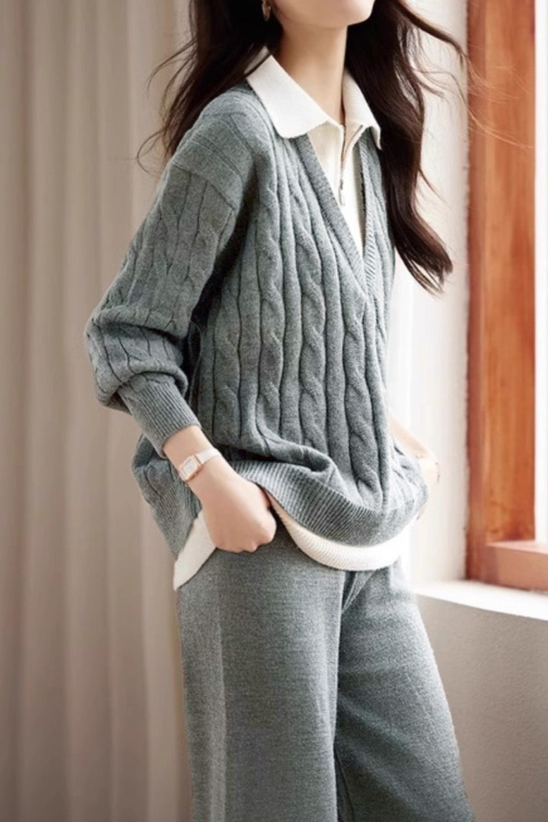 Slouchy Casual Top & Wide-Leg Pants Two-Piece Set