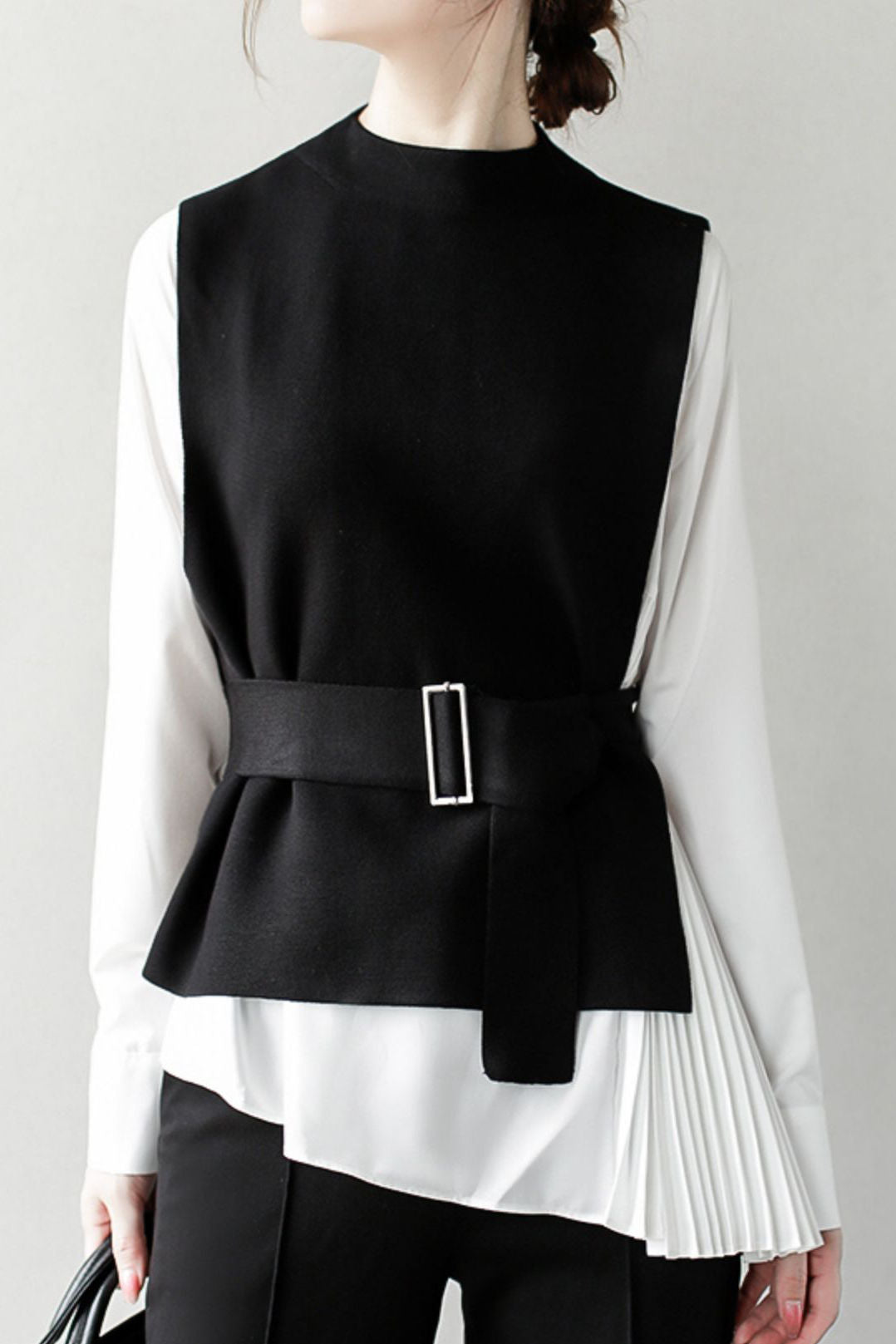 Stylish Knit Vest & White Shirt Layered Two-Piece Set