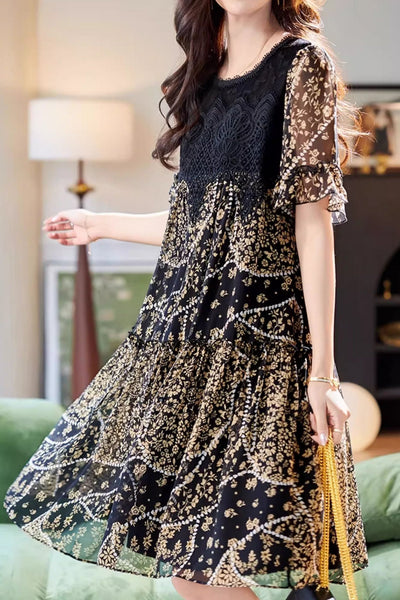 Round neck lace panel printed short sleeve dress