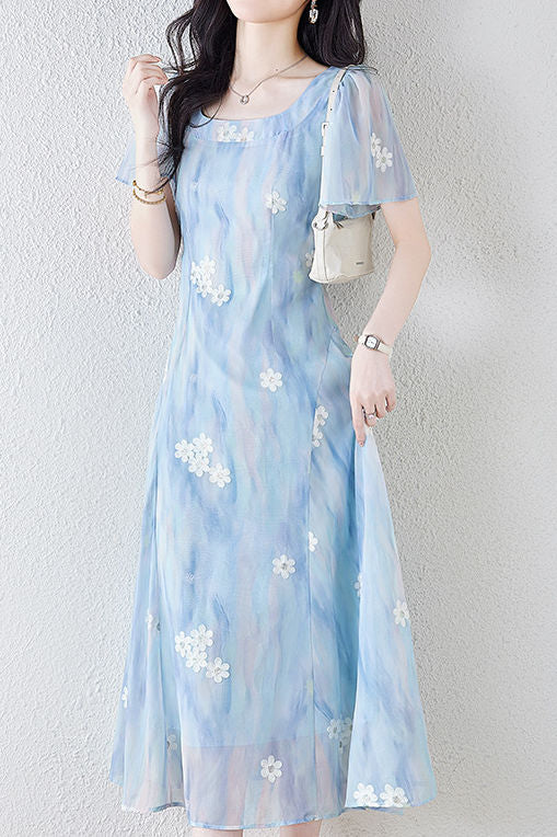 Square neck embroidered mixed color dress