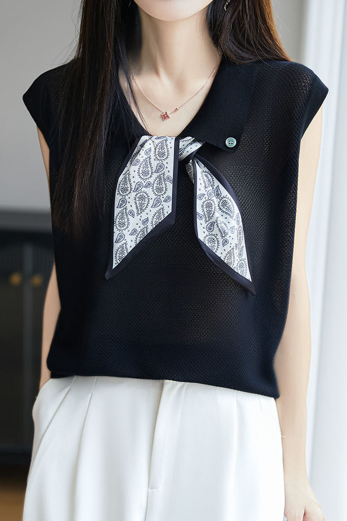 Collared scarf half-button sleeveless knit T-shirt