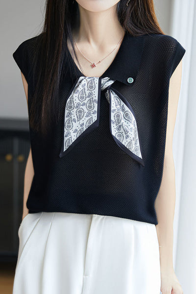 Collared scarf half-button sleeveless knit T-shirt