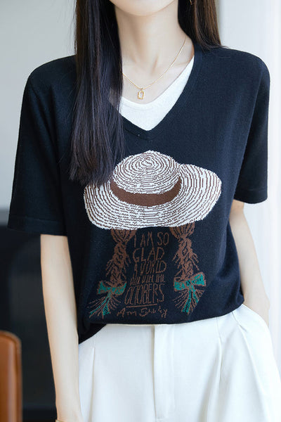 Faux two-piece V-neck short sleeve T-shirt