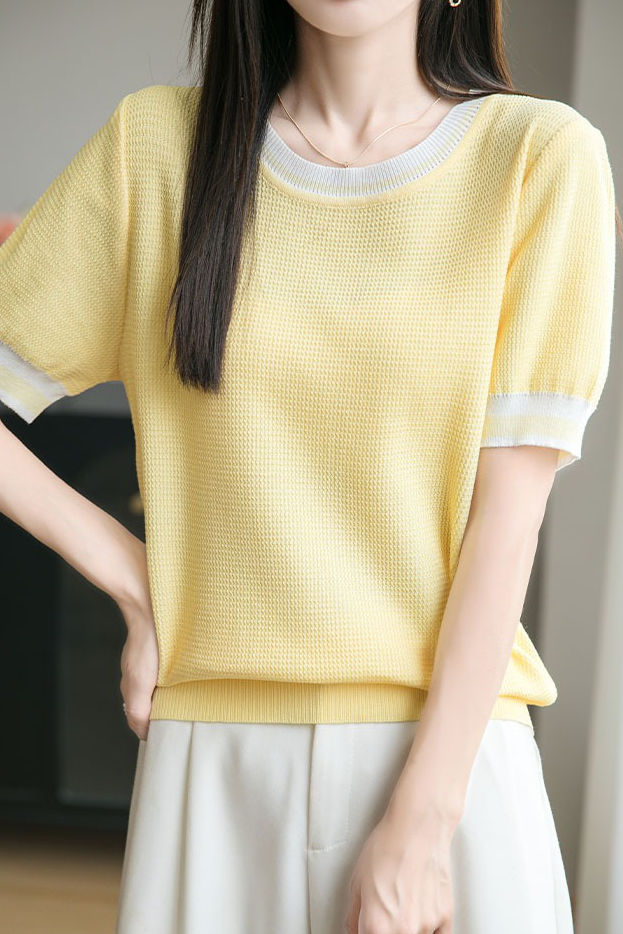 Ice silk color-blocked pullover knit top