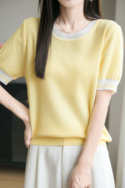 Ice silk color-blocked pullover knit top