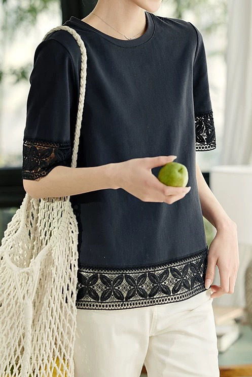 Hollow lace solid color T-shirt