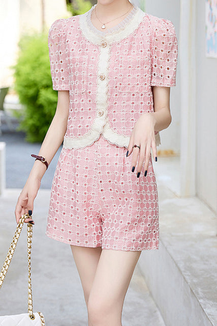 Round neck short sleeve hollow top and shorts two-piece set
