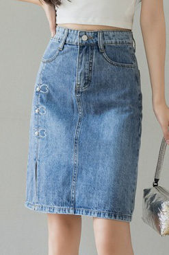 Embroidered beaded high-waisted slit denim skirt