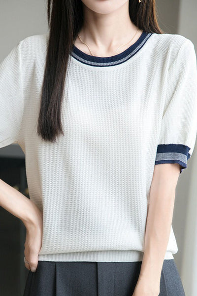 Ice silk color-blocked pullover knit top