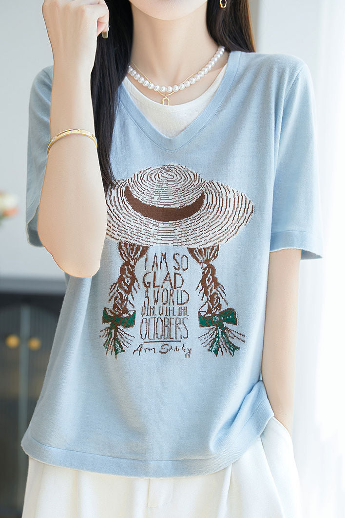 Faux two-piece V-neck short sleeve T-shirt