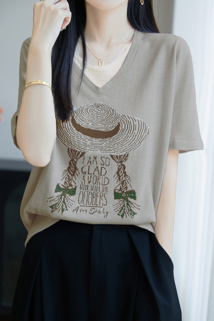 Faux two-piece V-neck short sleeve T-shirt
