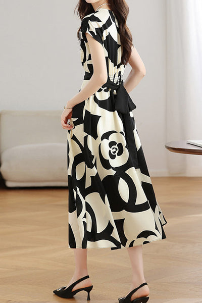 V-neck color block printed dress