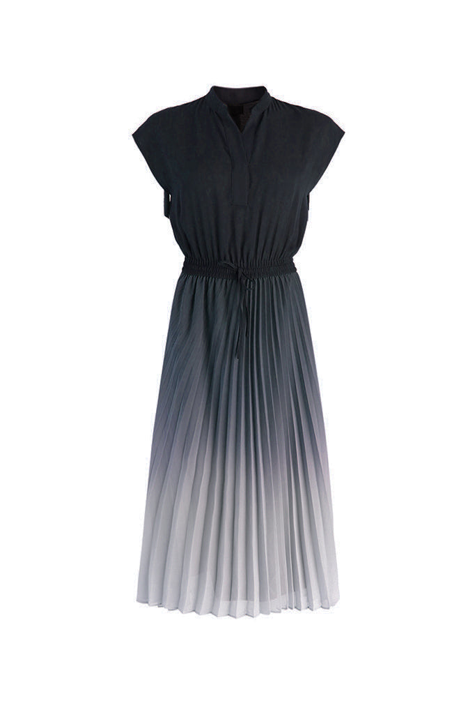 Key Neck Ombre Pleated Dress with Lining - 3 Colors Available