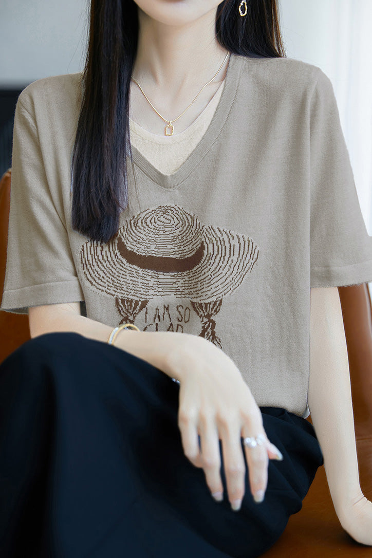 Faux two-piece V-neck short sleeve T-shirt