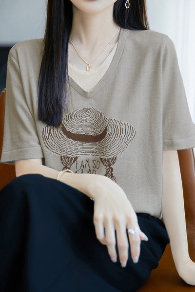 Faux two-piece V-neck short sleeve T-shirt