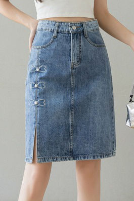Embroidered beaded high-waisted slit denim skirt