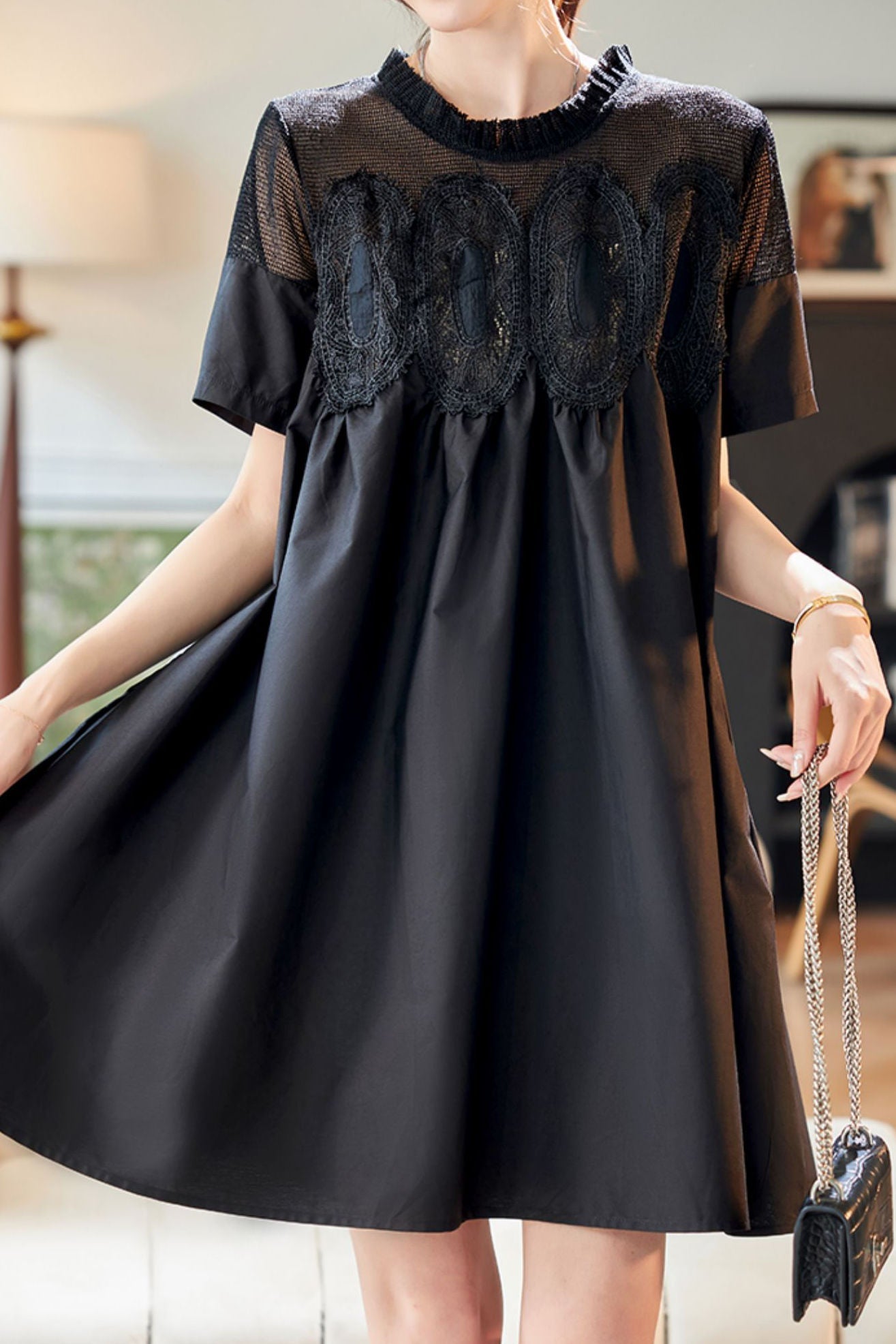 Lace and mesh spliced A-line dress