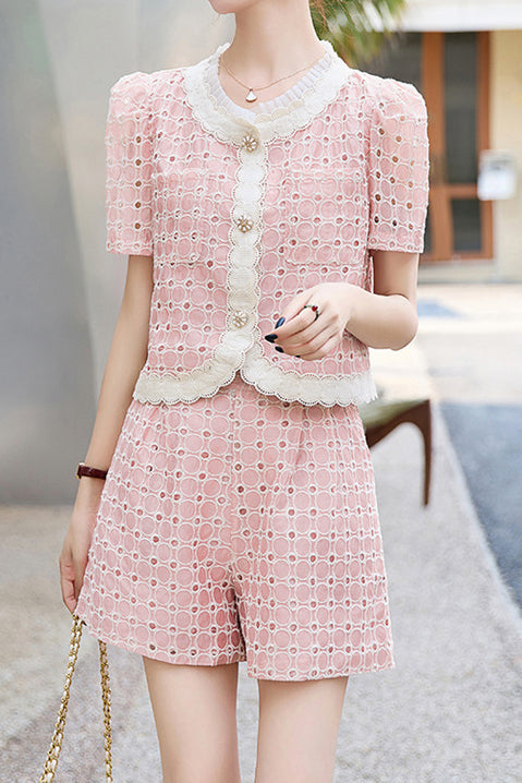Round neck short sleeve hollow top and shorts two-piece set