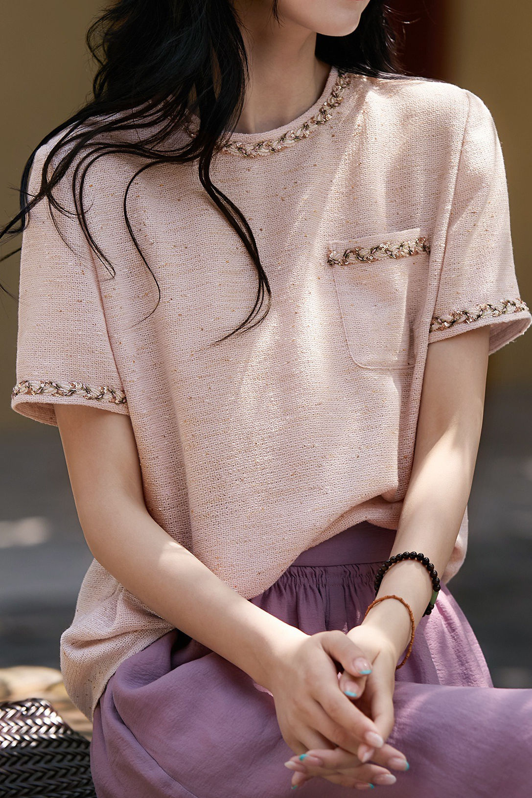 Sequin round neck short sleeve T-shirt