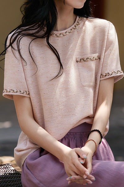 Sequin round neck short sleeve T-shirt