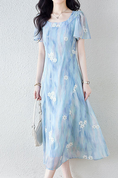 Square neck embroidered mixed color dress