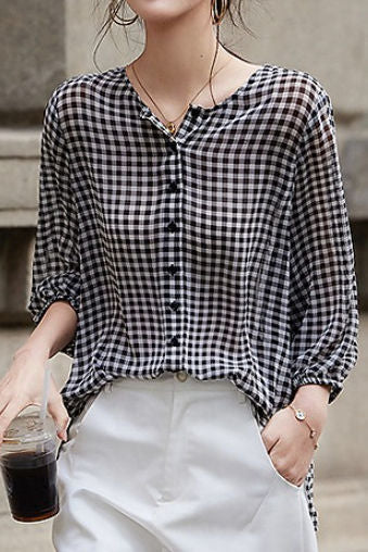 Checkered chiffon round neck button-up long sleeve sun protection shirt
