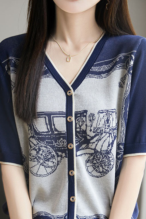 V-neck color block knit T-shirt