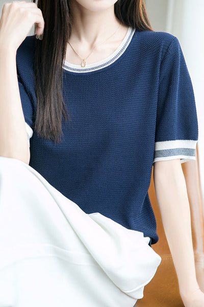 Ice silk color-blocked pullover knit top