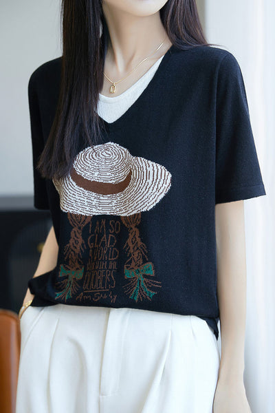 Faux two-piece V-neck short sleeve T-shirt