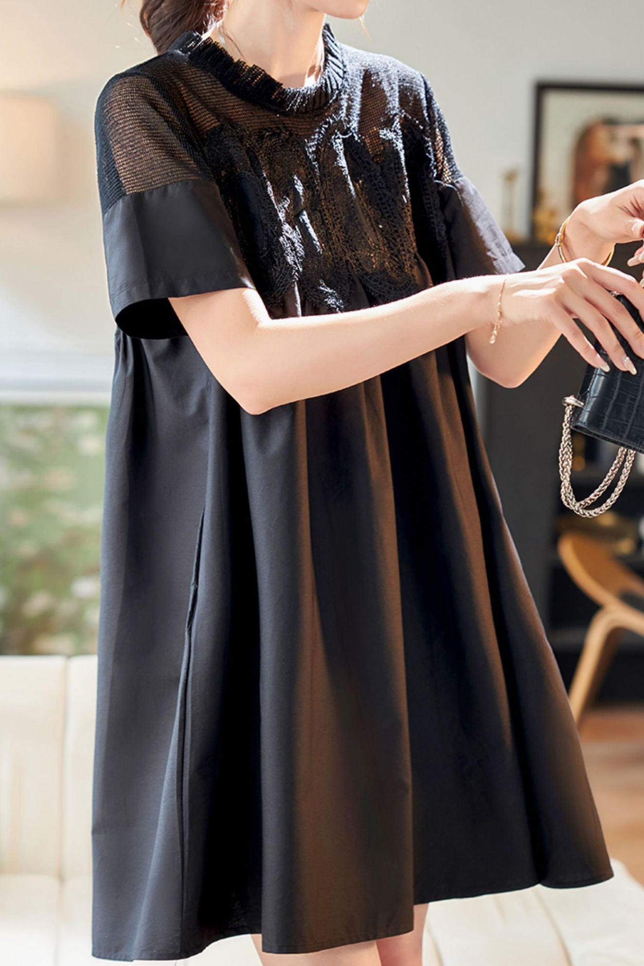 Lace and mesh spliced A-line dress