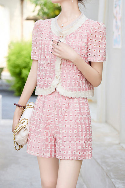 Round neck short sleeve hollow top and shorts two-piece set