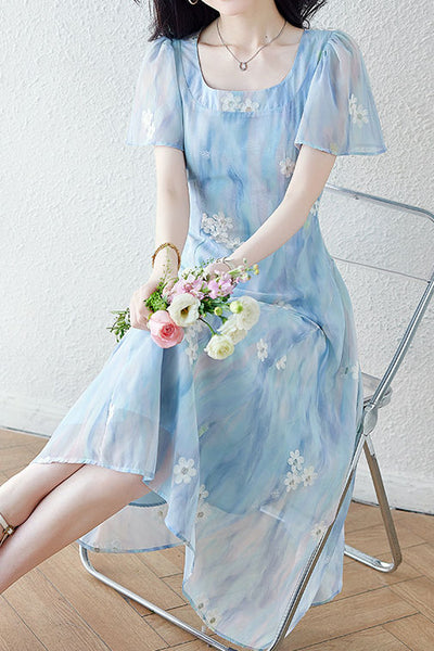 Square neck embroidered mixed color dress