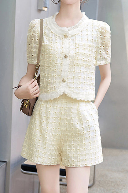 Round neck short sleeve hollow top and shorts two-piece set